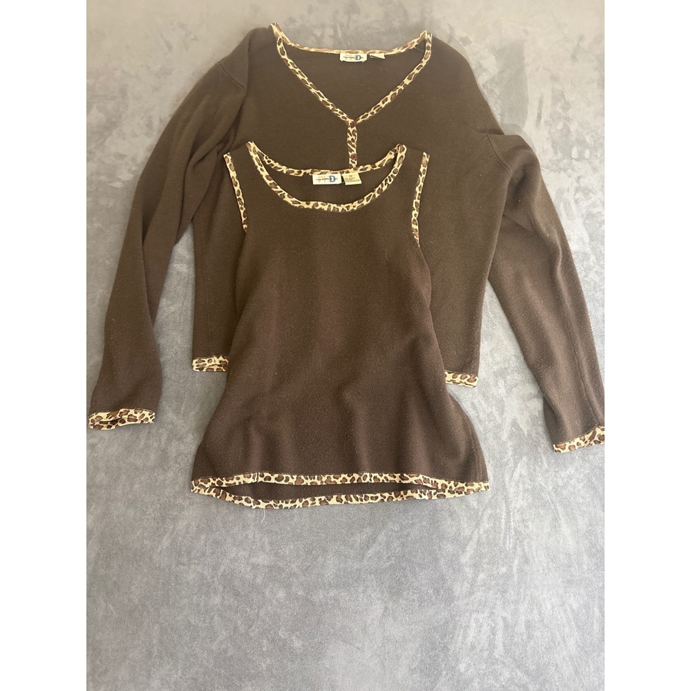 Brown Leopard Print Trim Cardigan and Tank Sweater Set L M